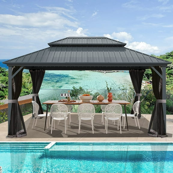 Domi Outdoor Abri de Jardin Extérieure 12 X 16 Pi avec Toit Rigide en Métal Galvanisé à Double Toiture, Rideaux et Moustiquaire Inclus, Grise, Idéale pour Terrasse, Patio Ou Jardin.