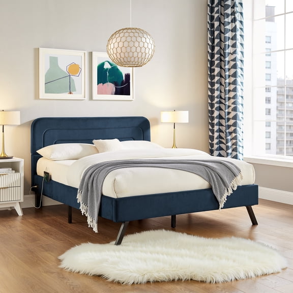 Studio Living Aukland Queen Size Upholstered Bed, Navy Velvet Fabric