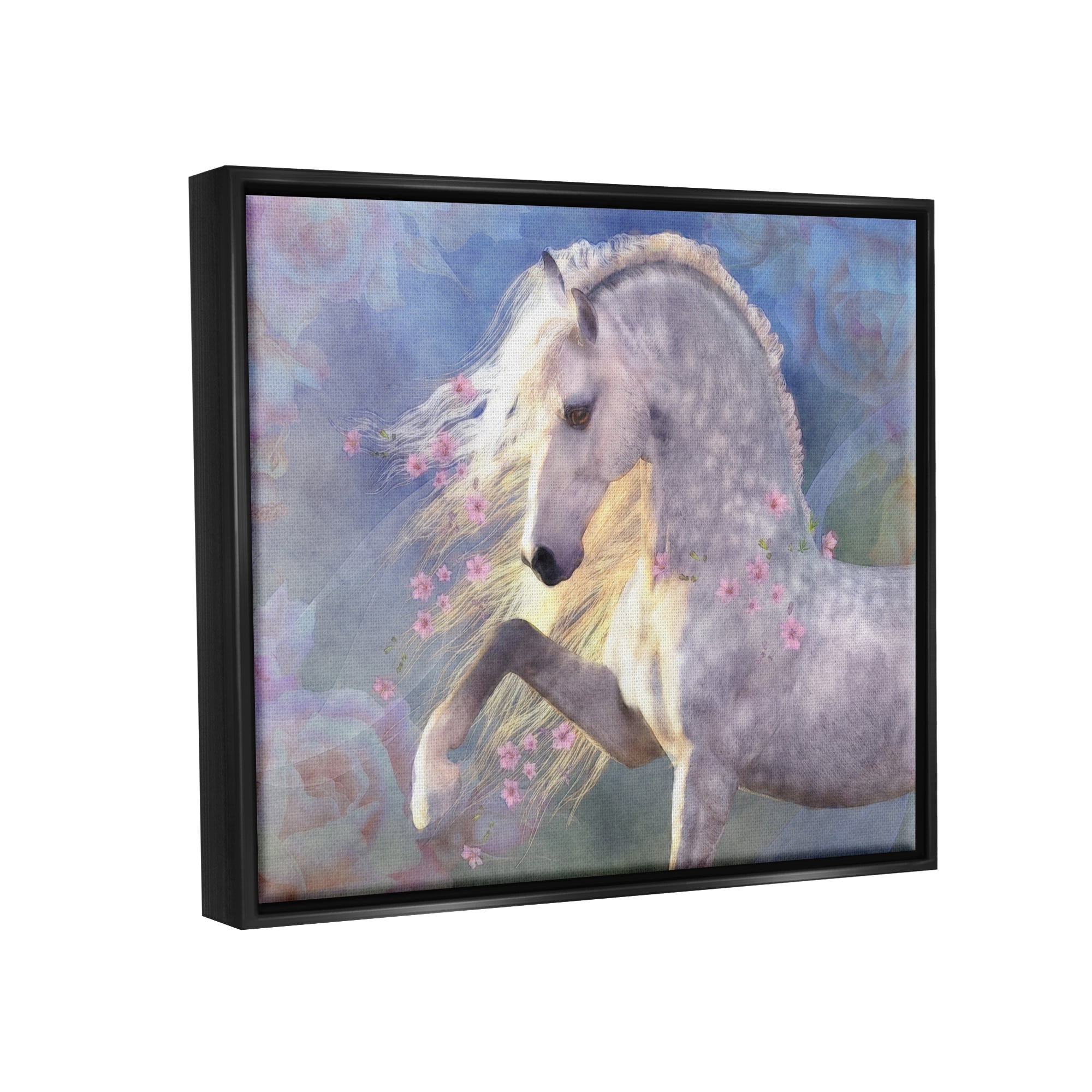 Stupell Industries Encantada Floral Horse Animals & Insects Painting Black Floater Framed Canvas Art Print Wall Art, 21 x 17