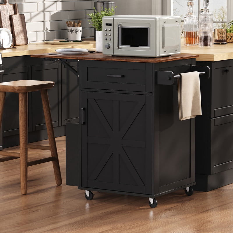 Farmhouse Small Kitchen Rolling Cart with Drop Leaf, Kitchen Island Storage Cabinet with Racks, Hooks, Drawer & Lockable Wheel