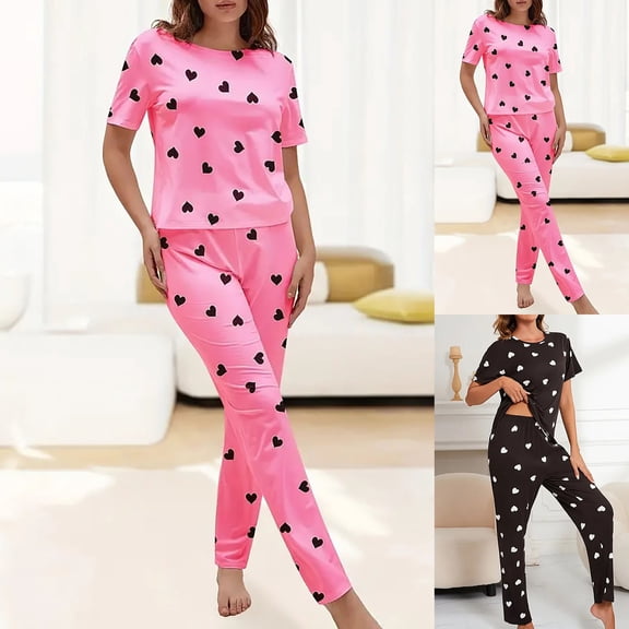 Womens Valentines Pajama Set 2 Piece Leisure Short Sleeve Heart Print Tops And Long Pants Loungewear Love Couple Date Festive Gifts Valentines Date Night Outfits