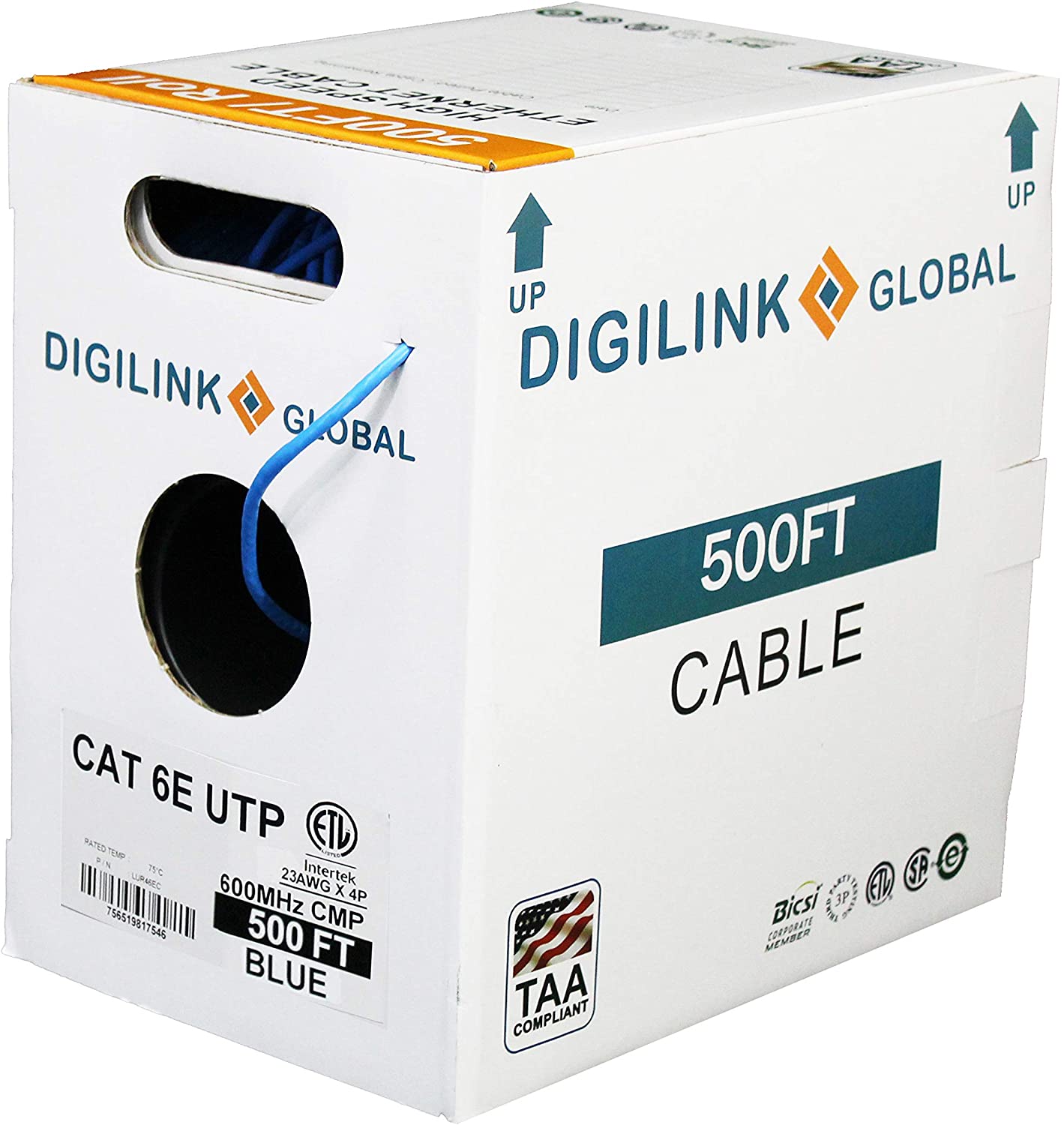 CAT6E Plenum (CMP), 500FT, UTP 23AWG, Solid Bare Copper, 600MHz, ETL  Certified, Bulk Ethernet Cable in Blue by Digilink Walmart Canada