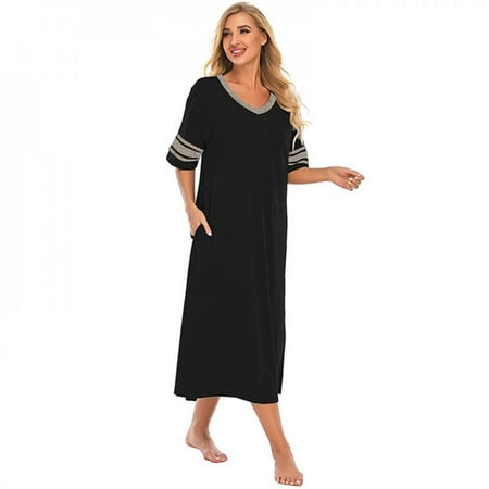 

Clearance!V-neck Pajamas Dress Women Fashion Casual Nightshirt Short Sleeve Loose Nightgown Ultra-soft Sleepwear Mid-Calf Dress