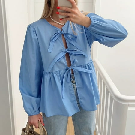 Y2K Babydoll Tops for Women Front Tie Puff Sleeve Peplum Blouses Bandage Lace Up Ruffle Hem Shirts Cute Summer Tops