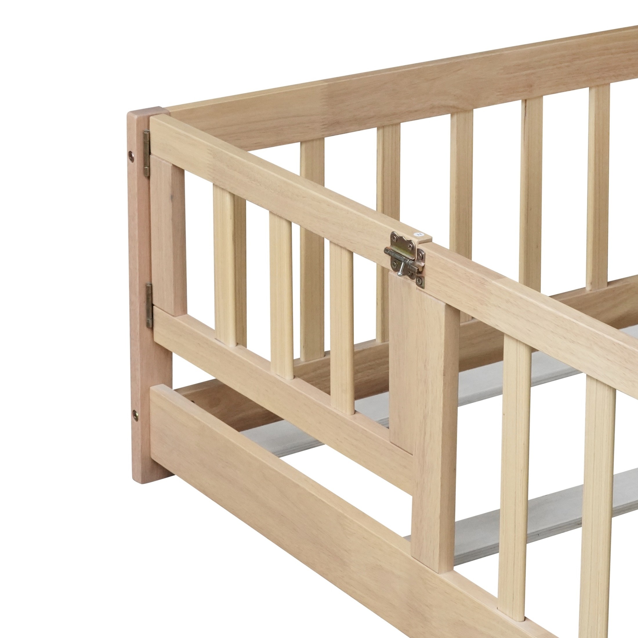 Noble House Corvel Queen Size Rubber Wooden Floor Bed with Safety Guardrails & Latching Fence Door, Natural