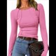 thumbnail image 2 of Tops de Larga Acanalados para Mujer, Camiseta Corta Ajustada y Elástica con Costuras Expuestas, Camiseta de Moda para y Otoño. Rosa Brillante L, 2 of 10