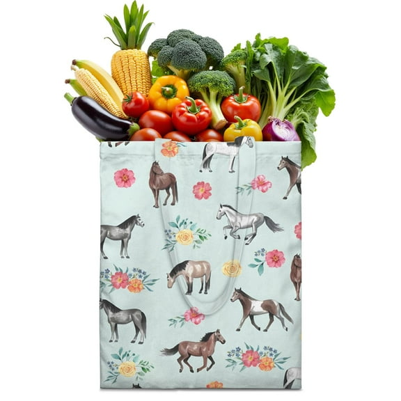 Boho Horse Canvas Tote Bag – Watercolor Floral Pony Art, Vintage Farm Animal Print, Reusable Shopping Bag for Horse Lovers, Country & Bohemian Aesthetic
