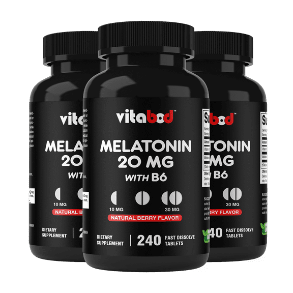 Melatonin 20mg - 240 Fast Dissolve Tablets - Drug Free - Natural Berry Flavor - Vegetarian, Non-GMO, Gluten Free by Vitabod (240 Count (Pack of 3))