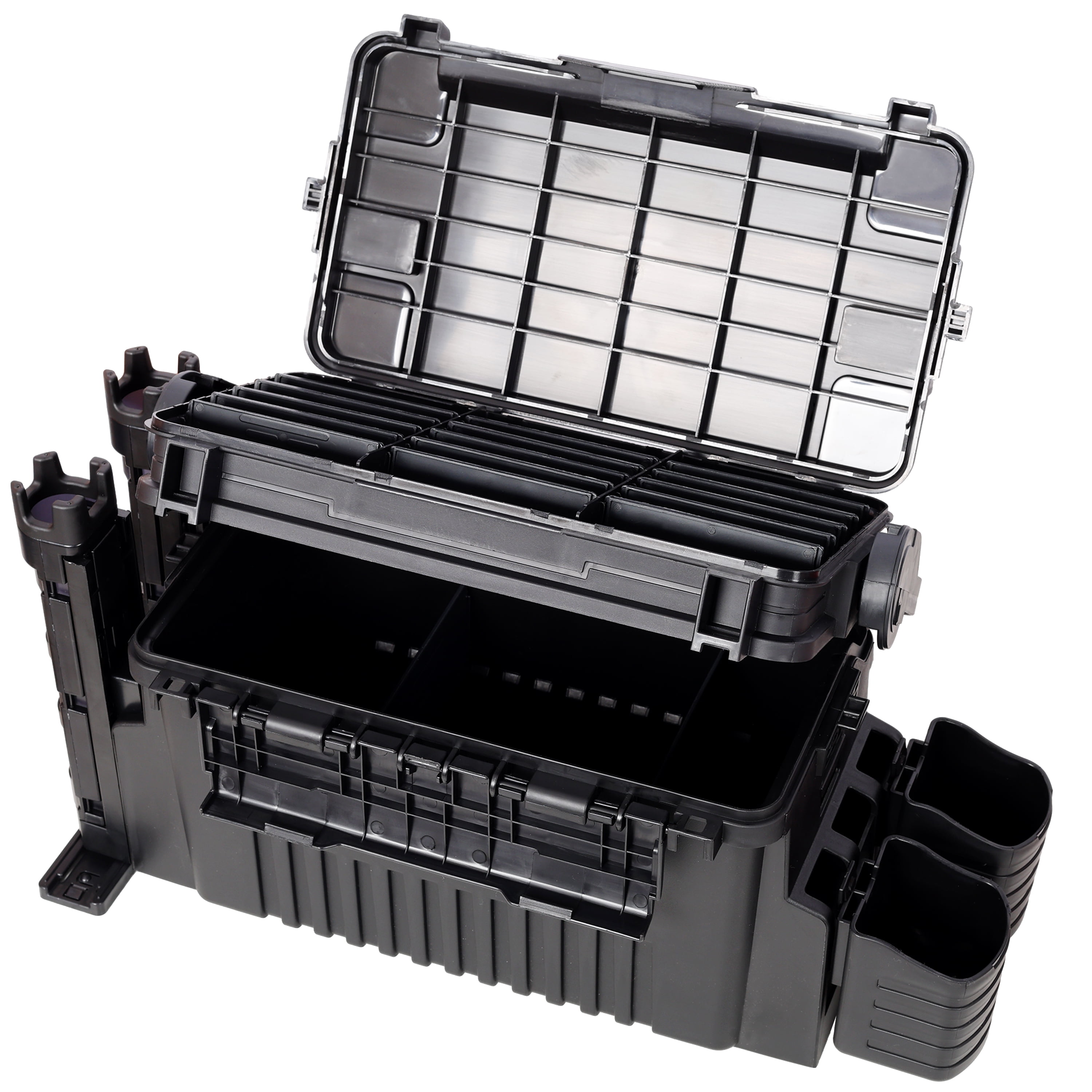 Dual-Layer Fishing Tackle Box Organizer with Rod Holders, 11L Large Capacity Waterproof Tackle Storage with Cup Holders & Carry Strap,Black