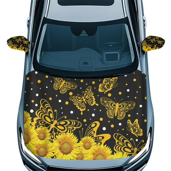Yuyamidu Butterfly Car Front Hood Cover Protector Sunflower Hood Covers for Cars Sedans Elastic Vehicle Rear View Mirror Protector Yellow Auto Side View Mirror Cover, 3 PCS
