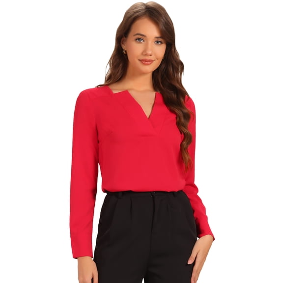 DARING DIVA Women's V Neck Solid Long Sleeve Tops for Formal Office XS Red