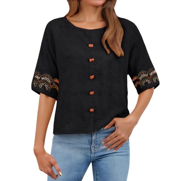 WTXUE Boho Embroidered 3/4 Sleeve Linen Blouse for Women Linen Blouse Loose Fit Dressy Casual Crewneck 2026 Holiday Outfit Lightweight Blouses Loose Fit Shirts Plain Shirts Gauze Tops Black L