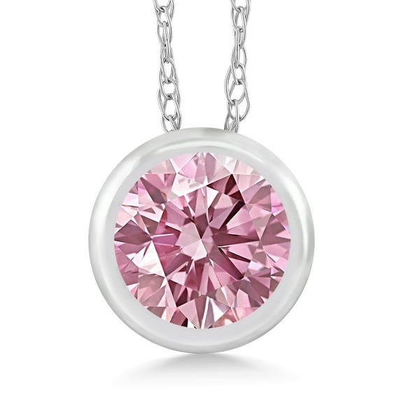 Gem Stone King 14K White Gold Pink Lab Grown Diamond Pendant Necklace for Women | 0.50 Cttw | Gemstone April Birthstone | Round 5MM | With 18 inch Chain