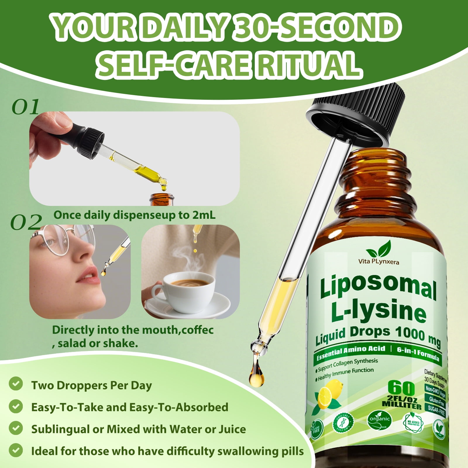 VitaPLynxera L-Lysine 1000mg Liquid Drops with Monolaurin & Immune Support Nutrients* | Essential Amino Acid for Collagen & Protein Synthesis* | Liposomal Formula with Vitamin C, D3, Zinc