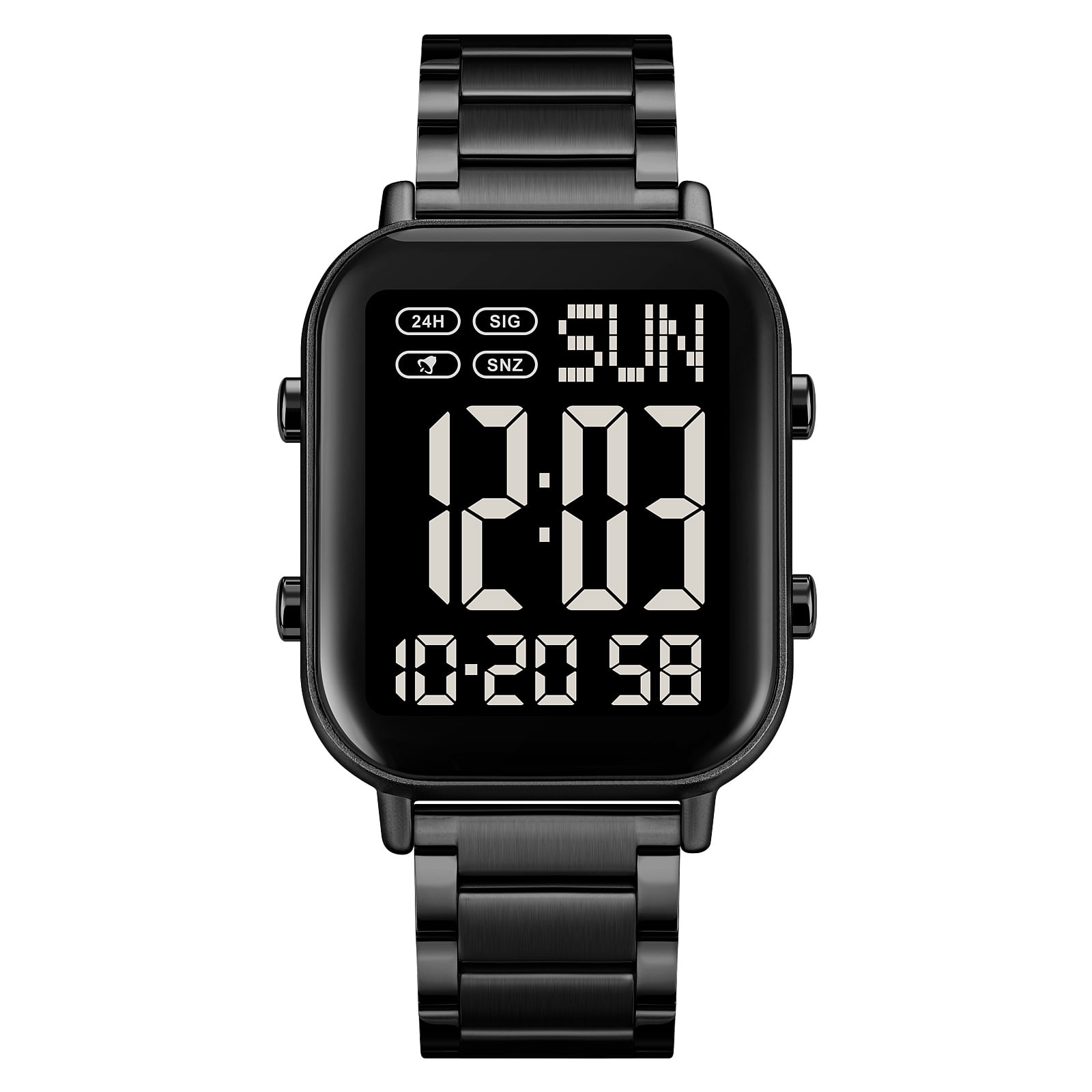 BIMZUC Digital Watch for Men Women, 30M Waterproof Wristwatches with Backlight Chronograph Alarm, 9.05 inches / 23 cm Stainless Steel Band, Black