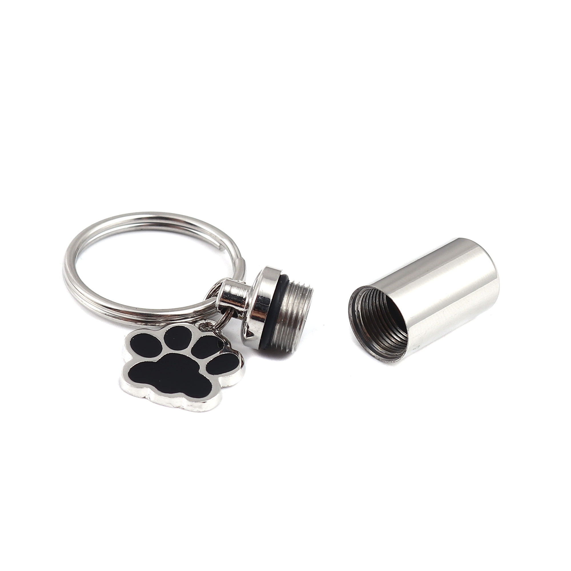 Waterproof Stainless Steel Silver Pet Cremation Urn Cylinder Bottle Black Paw Print Charm Keychain Memorial Ash Keepsake Cremation Jewelry Key Ring with Free Funnel Kit and Velvet Jewelry Box