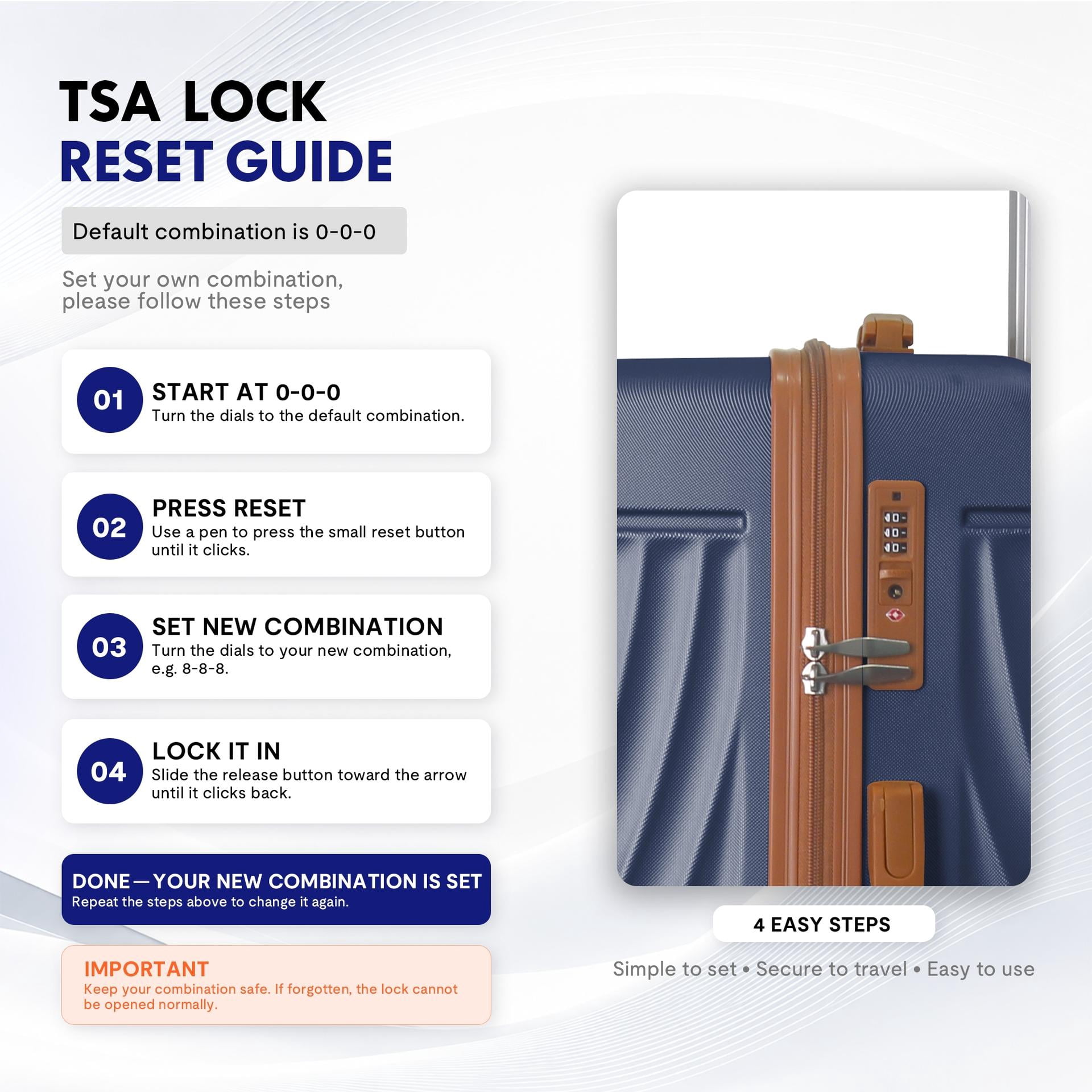 3-Piece ABS Hardshell Luggage Set, Lightweight Durable Suitcases with 4 Silent Spinner Wheels & TSA Lock, Wave-Embossed Scratch-Resistant Shell, 20/24/28 Inch, Navy Blue