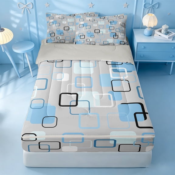 meiyoeat Abstract Geometric Plaid Zipper Twin Comforter Sets with Fitted Sheet and 2 Pillowcases For Kids,Modern 3D Grid Print Zipper Bedding Set For Adults,Light Gray Reversible,4 Pieces