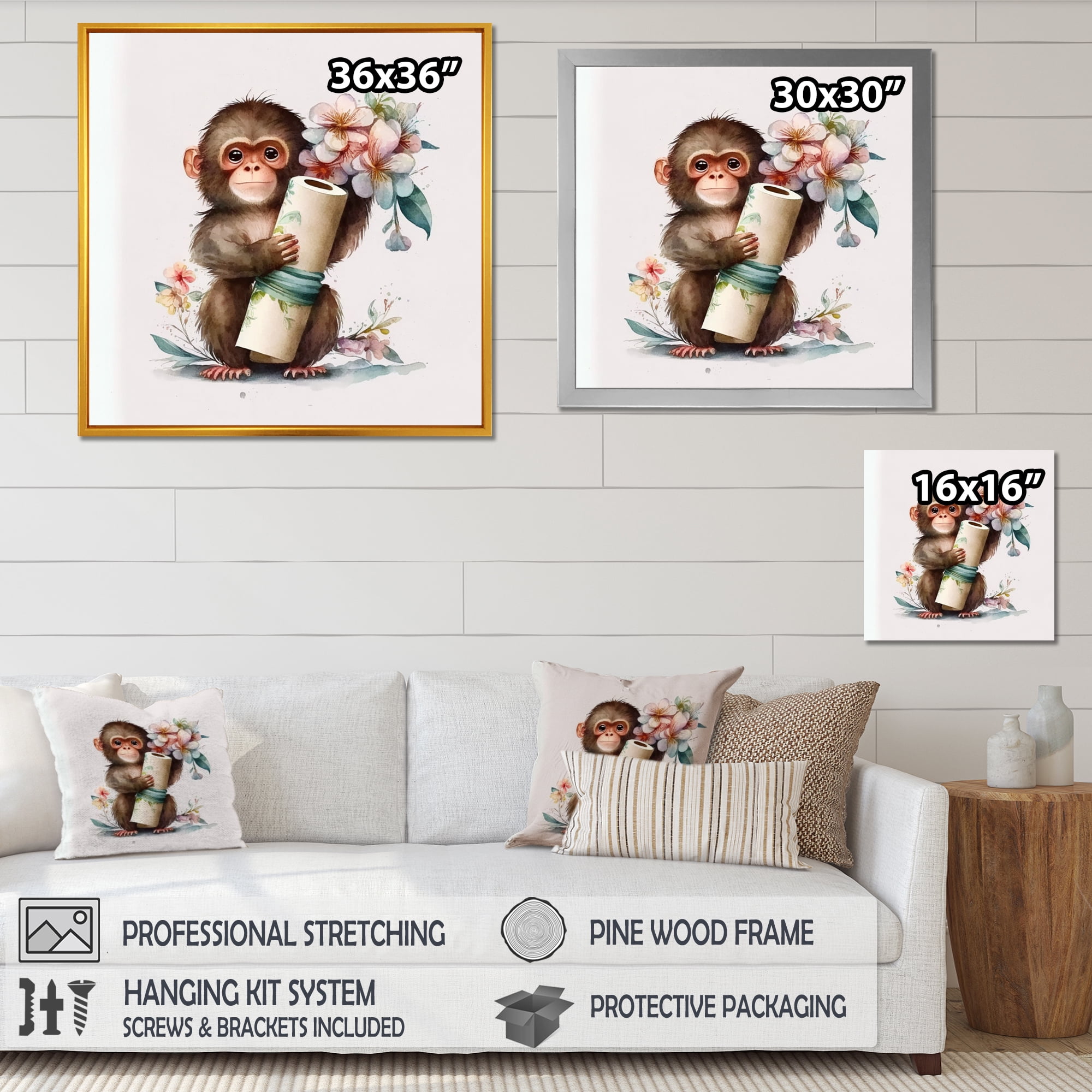 Designart Monkey With Roll Of Toilet Paper And Flowers Canvas Wall Art