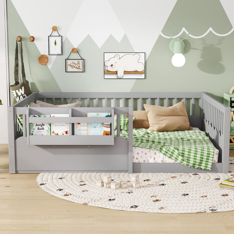 Full Size Floor Bed with Heightened Fence, Kids Platform Bed Frame with No Slat, Montessori Storage Bed with Bookshelf