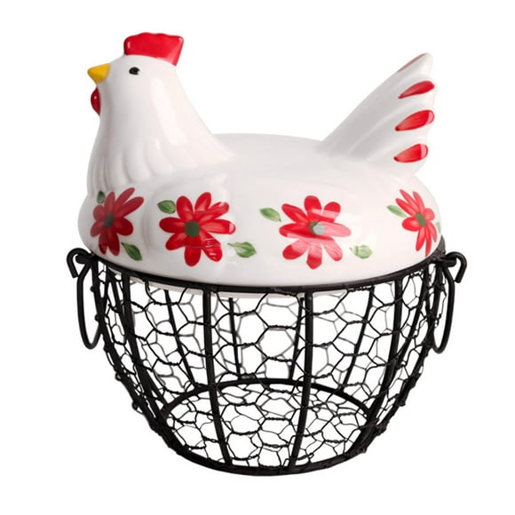 Kitchen Storage Metal Wire Egg Basket with Ceramic Farm Chicken Cover Fresh Egg Holder/Organizer Case/Container