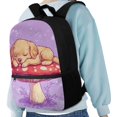 thumbnail image 4 of Binienty Kids Cute Sleeping Puppy Mushroom Print Backpack 6-12 Years Old, Purple Adjustable Strap School Book Bag with Front Zipper Pocket Side Mesh Pockets for Daily Commute Travel, 4 of 6