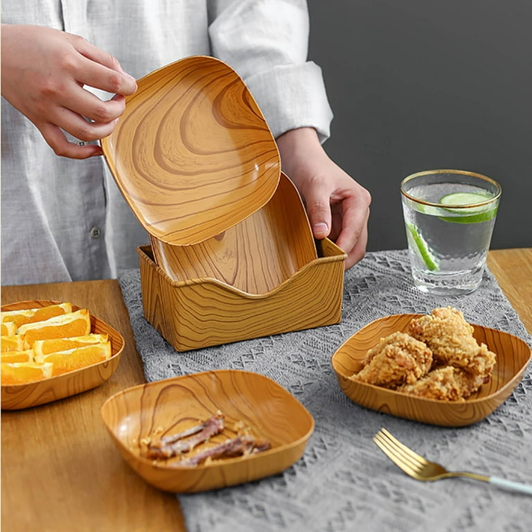 Princess House Cookware Oven Square Dinner Plate Tray Set with Storage Holder Set of 8 Wood Grain Square Dish 14cm Square Plates Dinnerware for