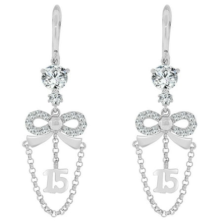 Givemegold 14k Gold White Rhodium Quinceanera 15 Anos Dangling 14k Gold White Rhodium Quinceanera 15 Anos Dangling Drop Earring Created Cz Crystals
