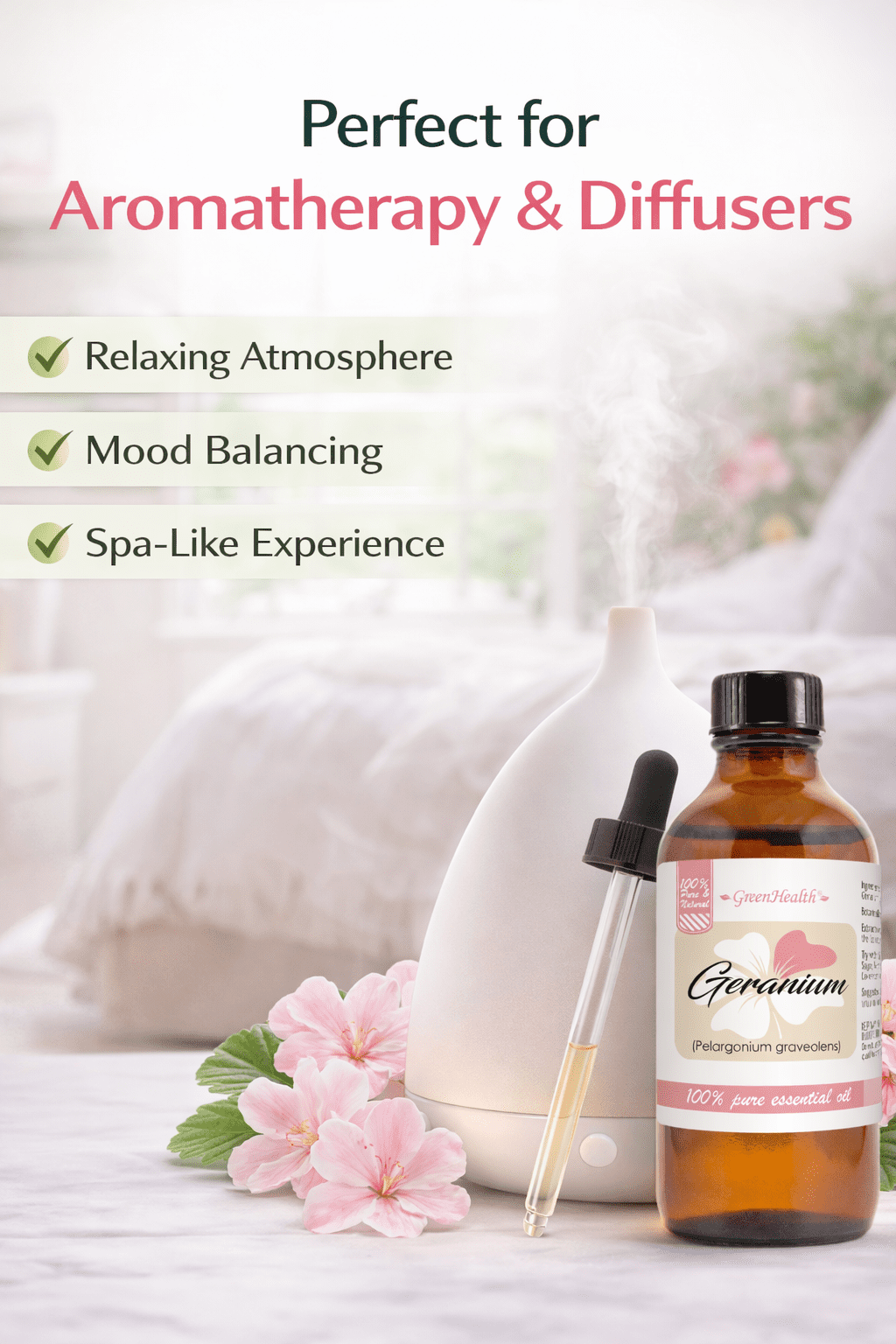 GreenHealth Geranium Essential Oil – 4 fl oz (118 ml) Glass Bottle w/Glass Dropper – 100% Pure