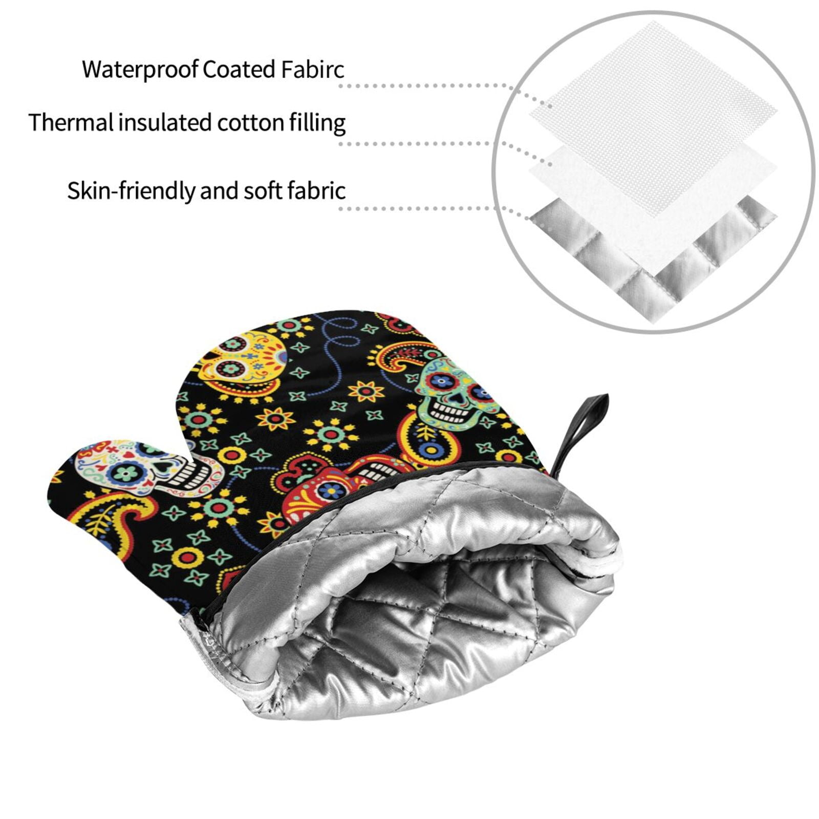 Mexican Skull Paisley 4Pcs Oven Mitts and Pot Holders Sets Oven Kitchen Gloves Hot Pads for Cooking BBQ Baking Grilling