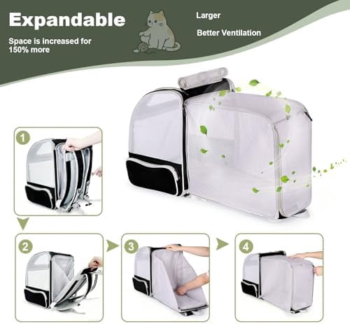 Backpack to Carry Cat and Small Puppy up to 16 Pounds, Breathable Pet Carrier to Transport Kitten Rabbit to Vet Visit Bag, Airline Approved Collapsible Expandable Black