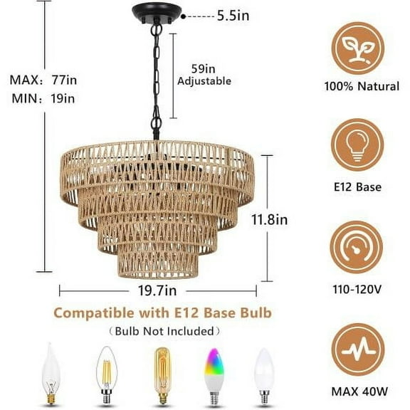 ACE-LIGHTS,20" Boho Rattan Large Farmhouse Chandelier Light Fixture,Wicker Pendant Lighting with 4-Tier Woven Lampshade for Living Room,Bedroom,Dining Room,Kitchen(Brown)