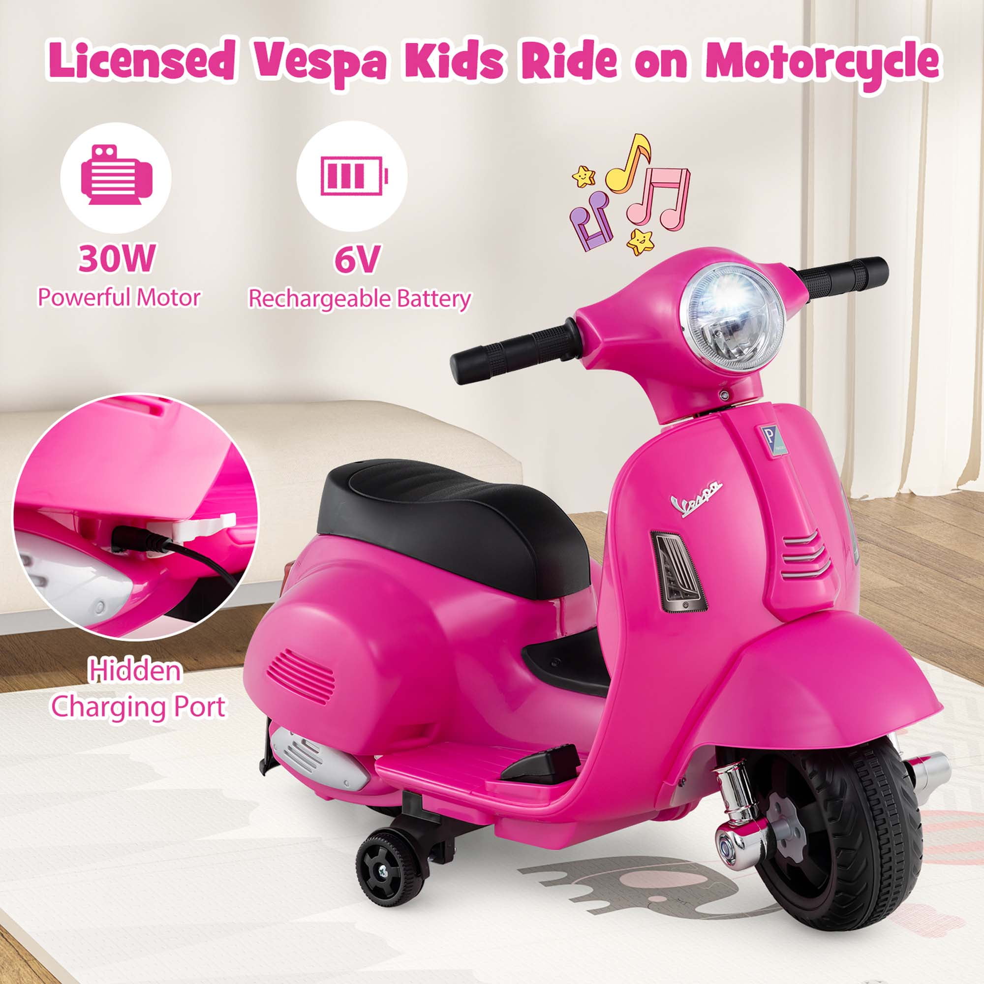 Costway Kids Ride on Motorcycle with Training Wheels Headlight Horn 6V Battery Pink