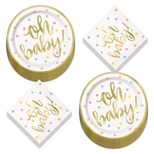 Oh Baby White and Gold Neutral Baby Shower Party Supplies - Paper Dinner Plates and Lunch Napkins (Serves 16)