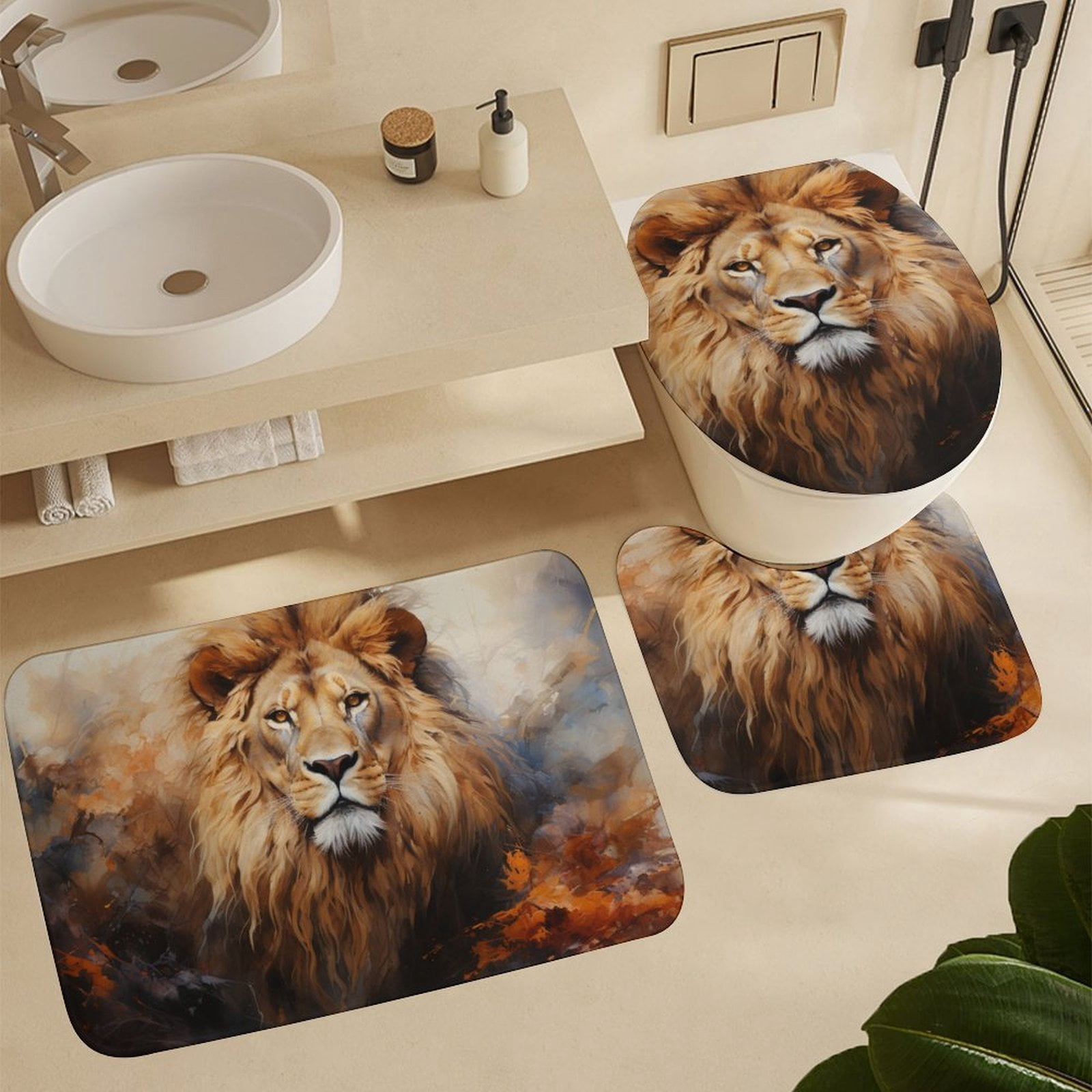 Artistic Lion Face 4 Pcs Shower Curtain Sets with Rugs Include Waterproof Shower Curtain Non-Slip Rug Toilet Lid Cover Bath Mat Wild Animal Lion Head Waterproof Fabric Bath Curtain for Bathtub Decor