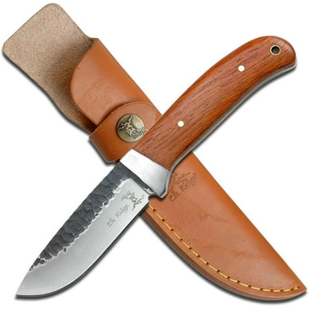 Elk Ridge ER-268 Fixed Blade Knife - 4" 3Cr13 Stainless Steel Blade, Brown Pakkawood Handle, Full Tang Outdoor Hunting Survival Knife with Leather Sheath