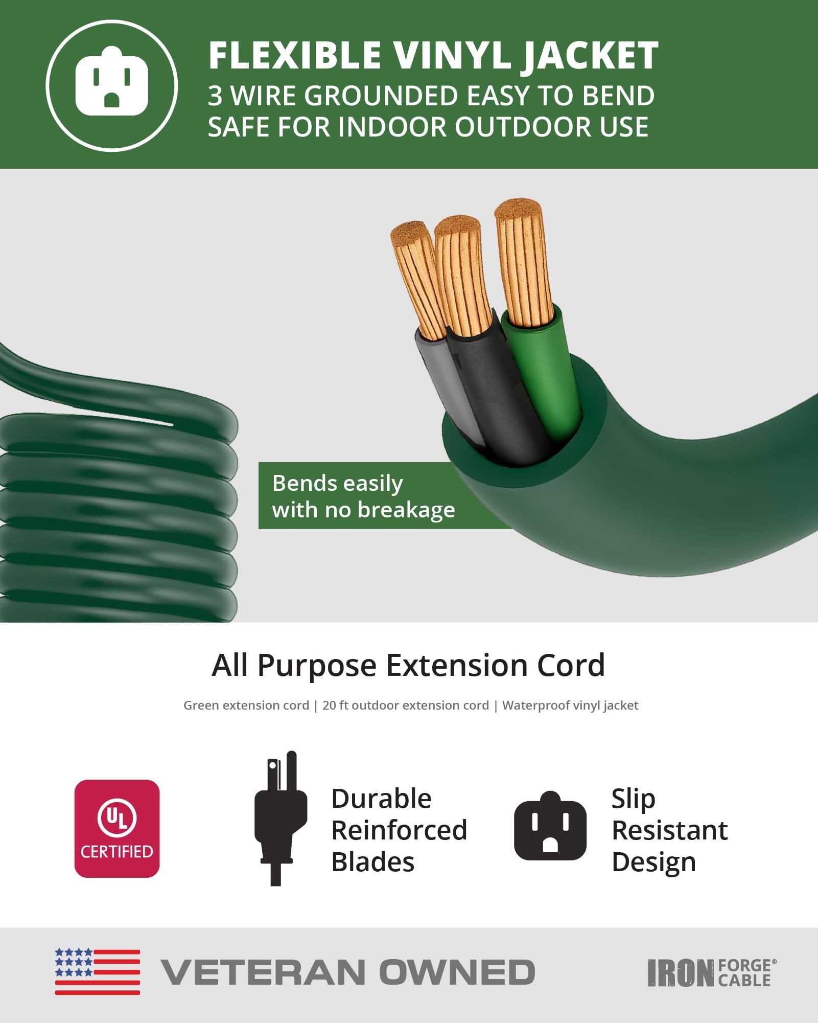 Iron Forge Cable 20 Foot Outdoor Extension Cord, 16/3 Green 20 Foot Extension Cord Indoor/Outdoor Use, 3 Prong, Weatherproof Jacket, Great for Gardens, Landscaping, Lawn Mower and More