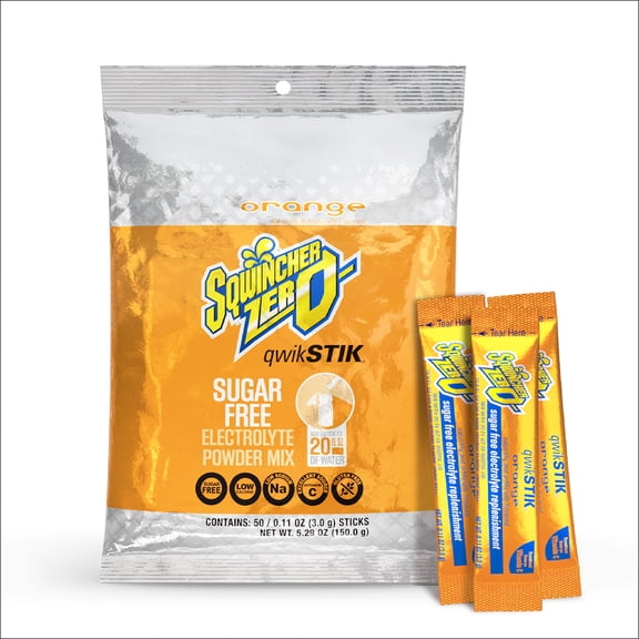 Sqwincher Zero Qwik Stik Orange Sugar Free Electrolyte Mix, 0.11 oz, 50 Pack