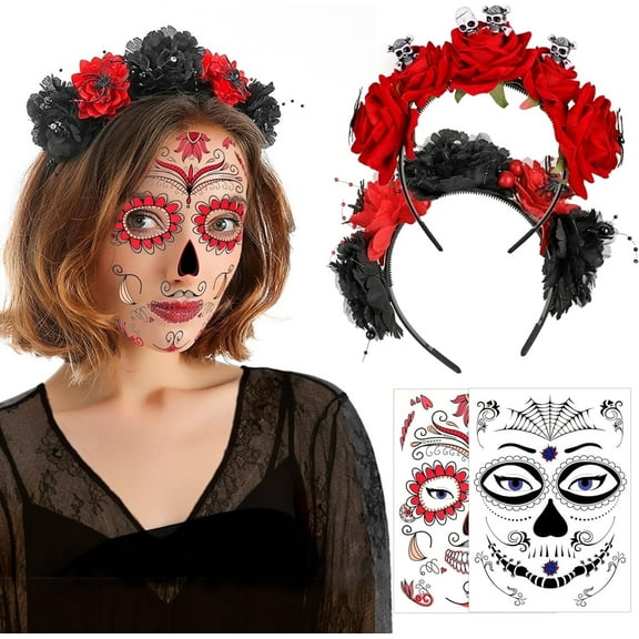 HOWAF 2pcs Day of The Dead Headband Spider Skull Rose Flower Crown Mexican Headpiece, Halloween Floral Headband Halloween Costume Accessory Rose Flower Headband