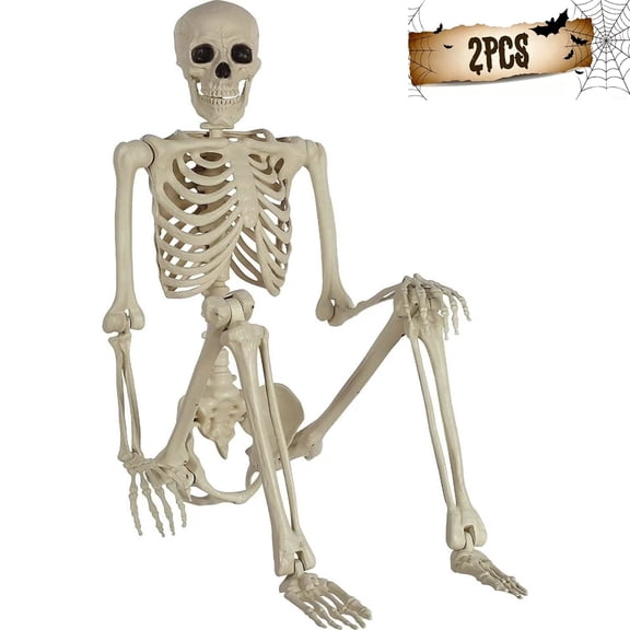 2PCS Halloween Skeleton Decoration Posable Skeletons Realistic Joint Design ,Indoor Outdoor Haunted House Props,16inches/40cm