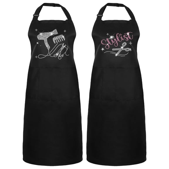 2pcs Black Rhinestone Hair Stylist Apron, Classic Design with Three Pockets, Adjustable, Waterproof, Unisex-Adults