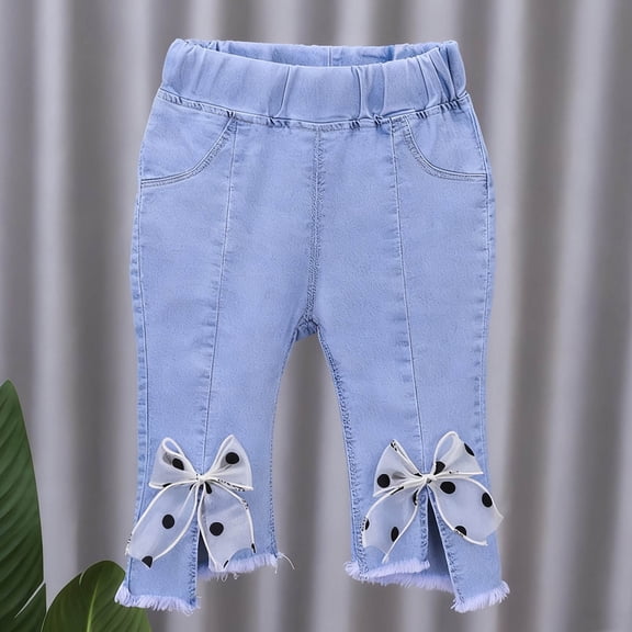 hengsof Sequin Bow Pearl Detail Flare Capri Jeans for Girls, Stretch Denim Cropped Pants, Split Hem Trousers with Elastic Waist, Size 1-6 Years