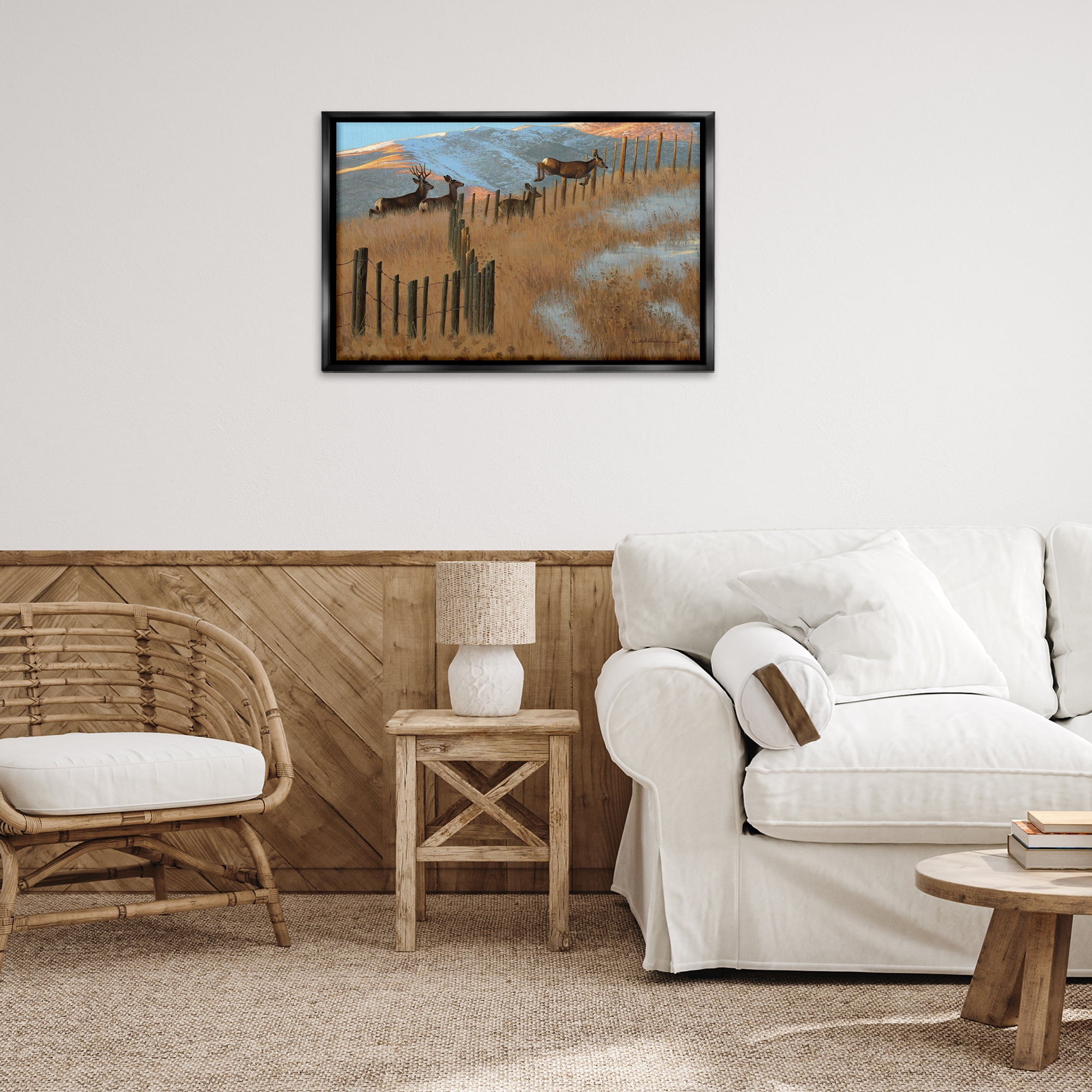 Stupell Industries Deer Jumping Country Fence Landscape & Nature Painting Black Floater Framed Canvas Art Print Wall Art, 31 x 21