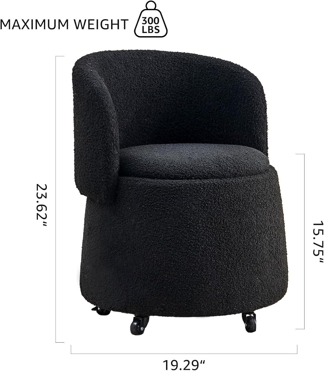 Mxfurhawa Modern Velvet Storage Ottoman – Vanity Stool with Backrest & 5 Rolling Wheels, Small Footstool for Makeup, Bedroom, or Extra Seating (Black)