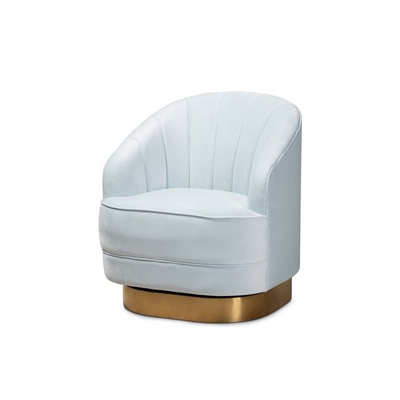 Baxton Studio Fiore Glam and Luxe Light Blue Velvet Fabric Upholstered Brushed Gold Finished Swivel Accent Chair