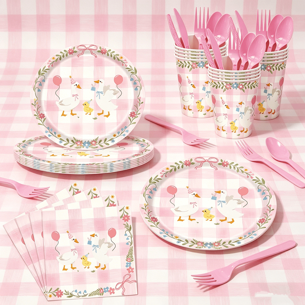 175Pcs Silly Goose Birthday Party Tableware Set, Pink Gingham Silly Goose Paper Plates and Napkins Pink Bow Duck Tableware Set for Kids Girls Baby Shower 1st Birthday Party Decoration, Serve 25
