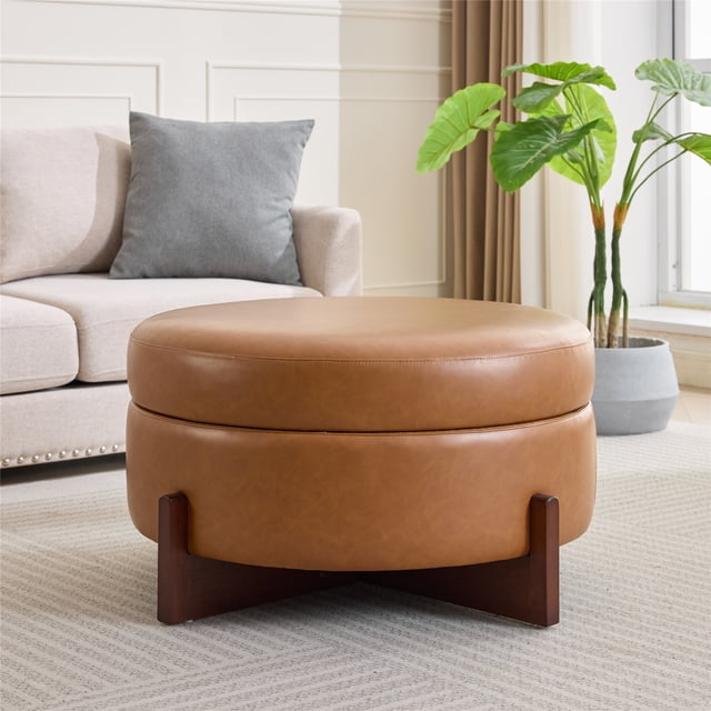 A Round Footstool With Storage,Brown