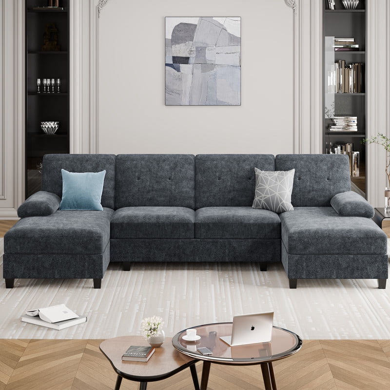 Walsunny U-Shaped Sectional Sofa Couch, 4 Seat U Shaped Oversized Clearance Sofa Set with Double Chaise for Living Room, Dark Gray