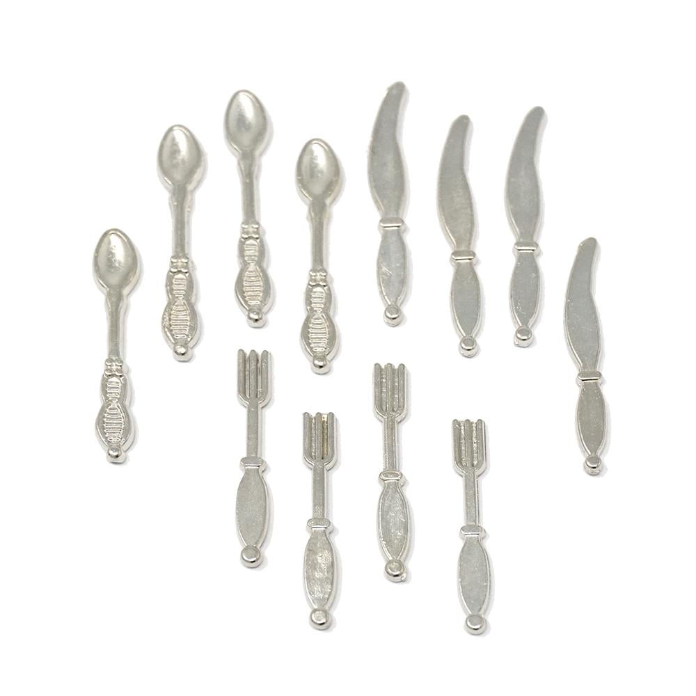Miniature Metal Silverware Set, Silver, 12Piece