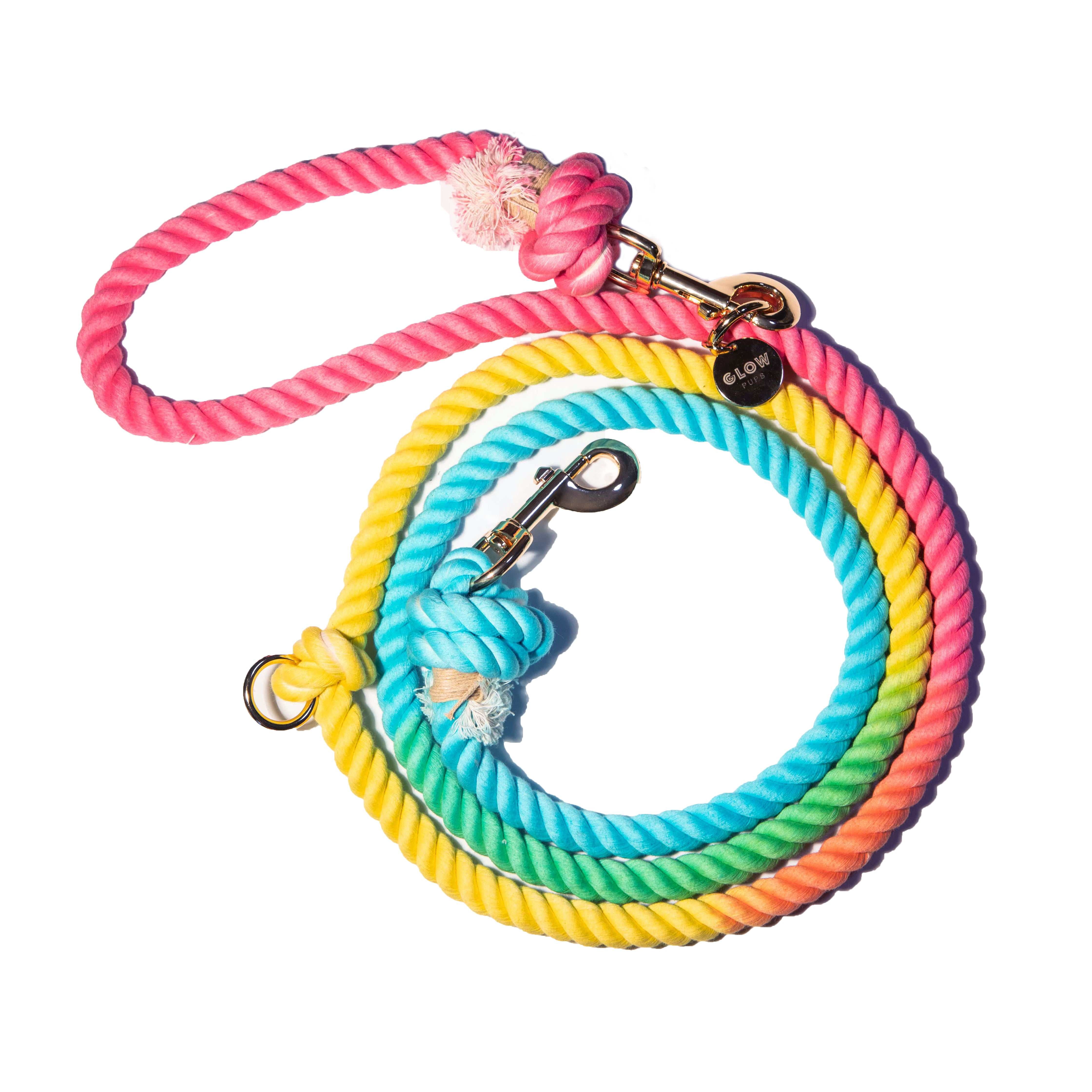 Glow Pups 7.5 Foot Cotton Rope Rainbow All Lifestages Adjustable Hands-Free Dog Standard Leash, Multicolor